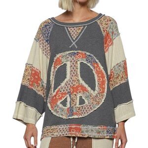 POL Peace Sign Patchwork Design Waffle Knit Thermal Top Oversized Size Small